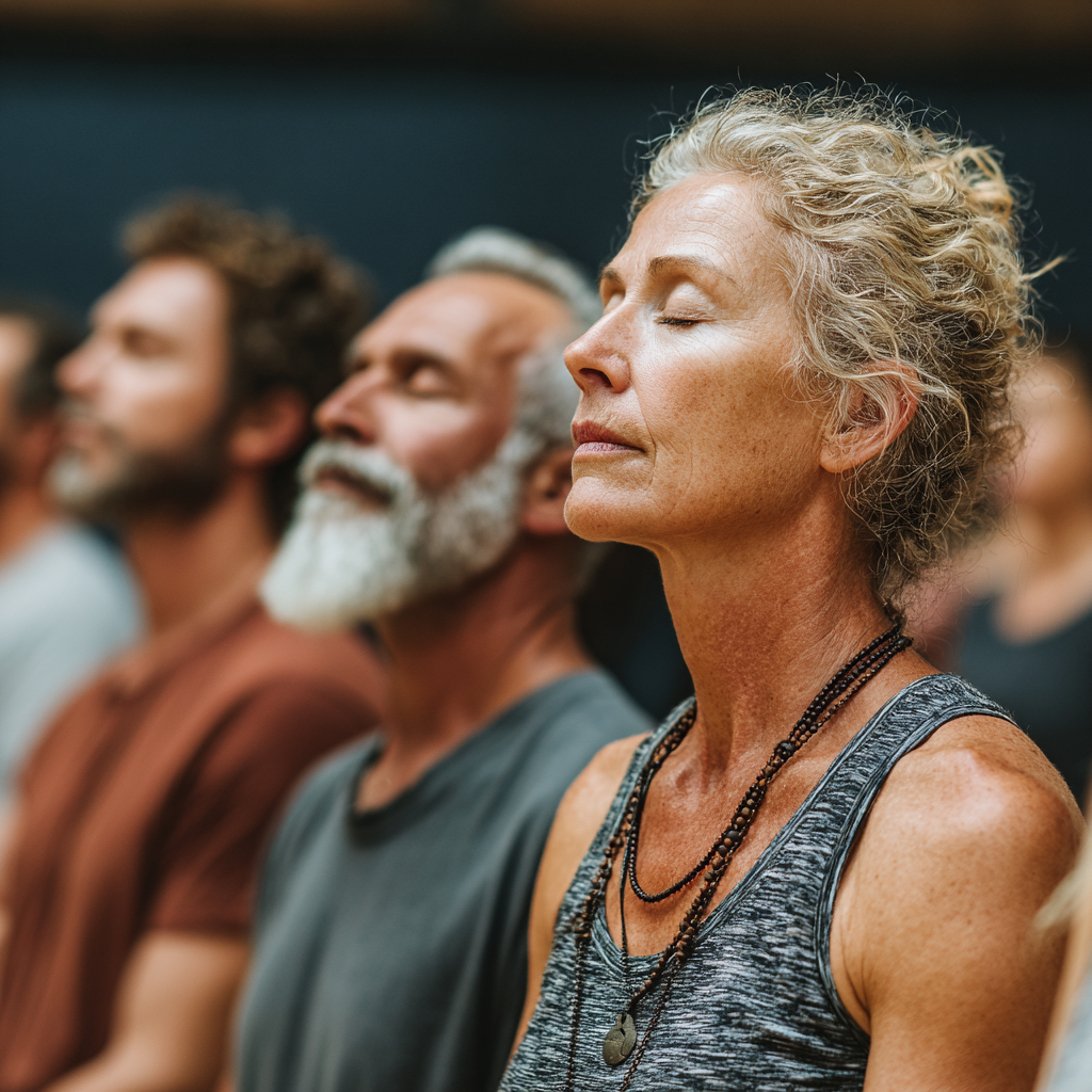 Group of diverse adults in their forties and fifties sitting in meditation circle, eyes closed in peaceful contemplation during yoga class